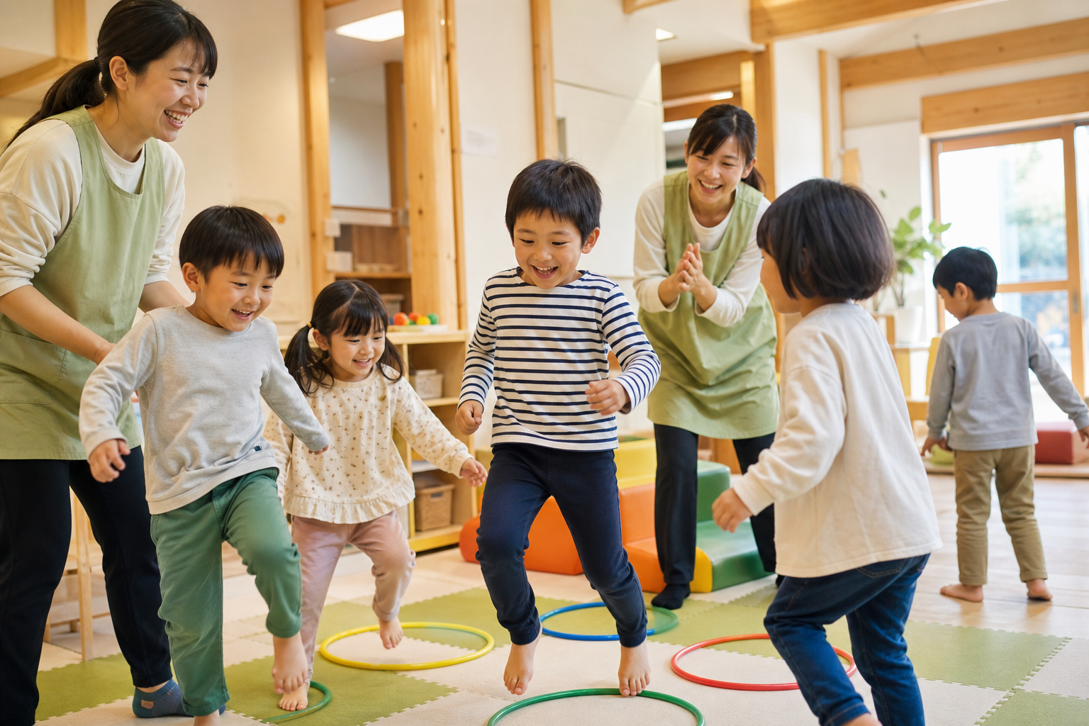 子どもたちが笑顔で体を動かし、職員が寄り添う支援のイメージ